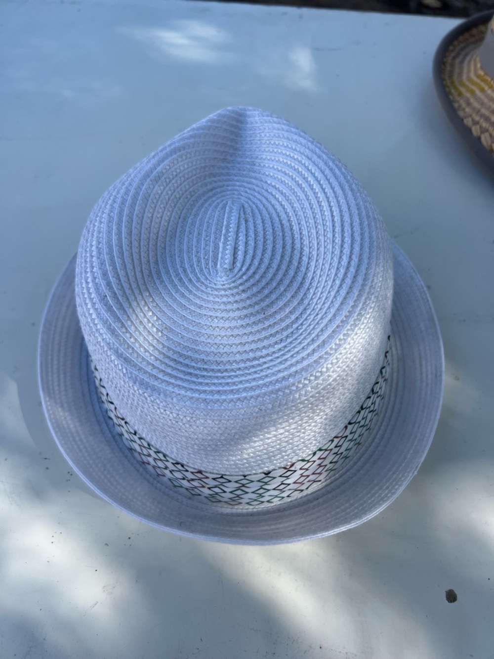 White Straw Fedora with Patterned Band